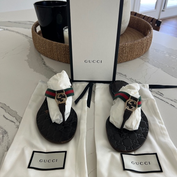 Gucci  Women’s Lifford Flip-flop- leather/nylon Web Slides Sz 38 - Picture 2 of 12